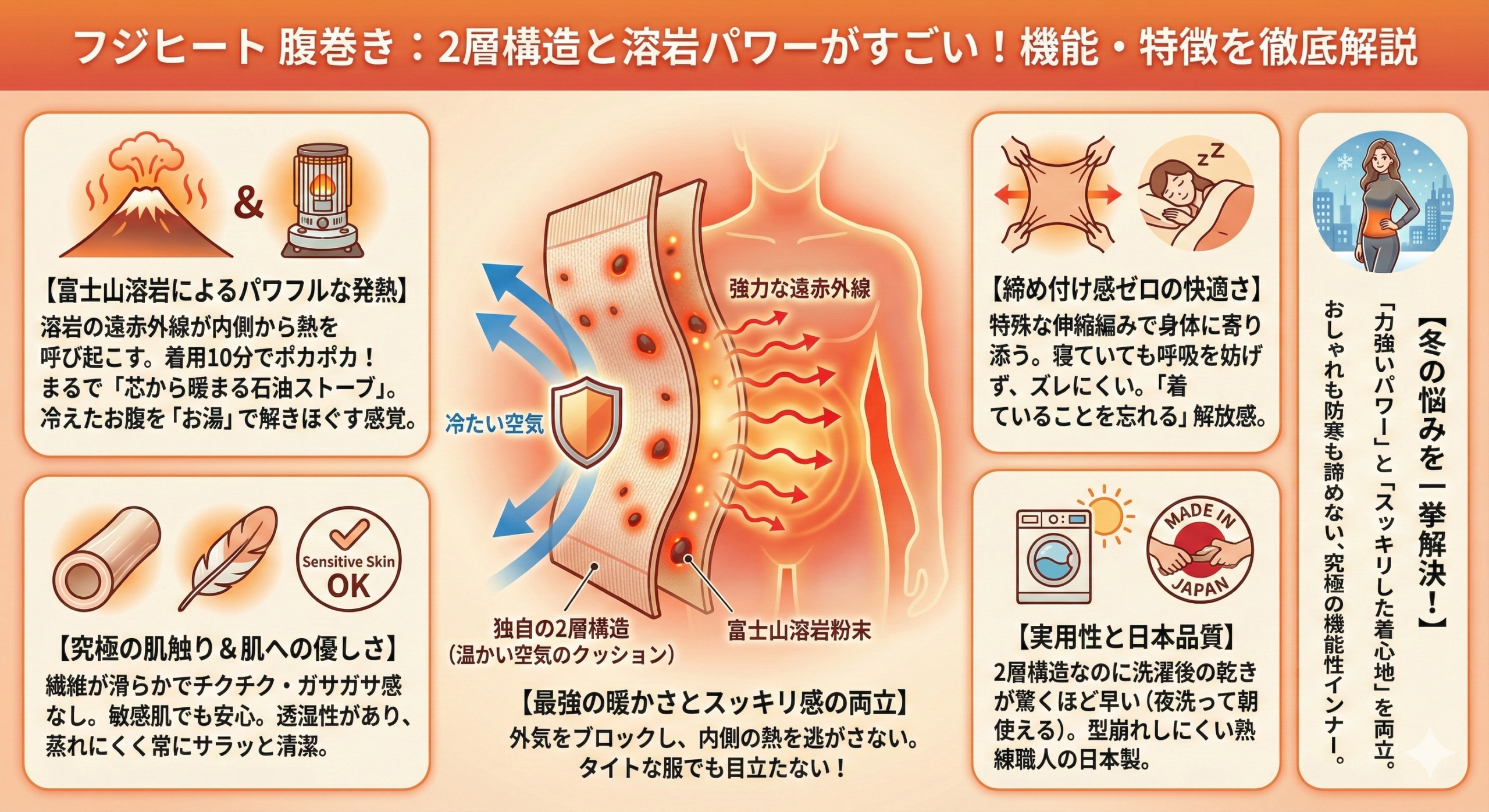 フジヒートの腹巻きの2層構造と溶岩パワーがすごい！