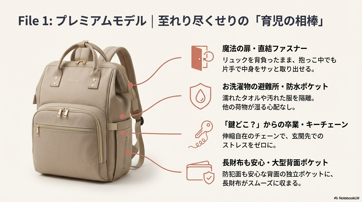 プレミアモデルの特徴：至れり尽くせりの「育児の相棒」