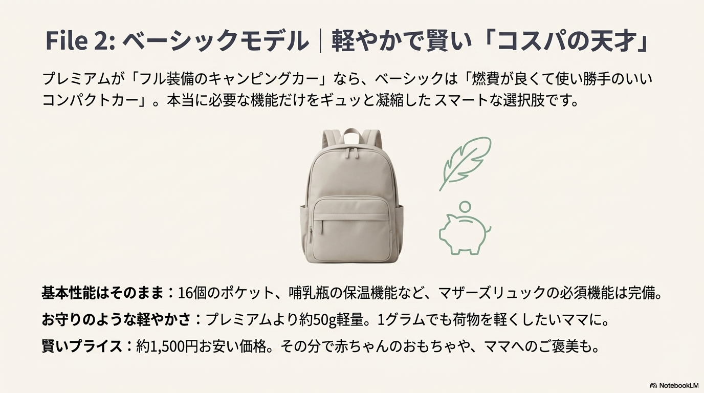 ベーシックモデルの特徴：軽やかで賢い「コスパの天才」